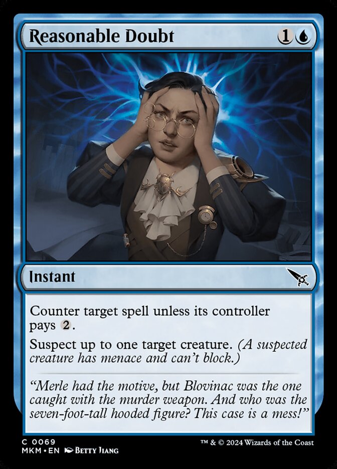 This Is An Image Of The Magic The Gathering Card Reasonable Doubt From The Set Murders at Karlov Manor - Designed By Artist Betty Jiang