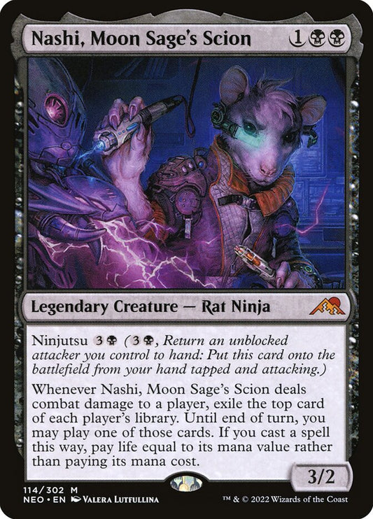 This Is An Image Of The Magic The Gathering Card Nashi, Moon Sage's Scion From The Set Outlaws of Thunder Junction Commander - Designed By Artist Valera Lutfullina