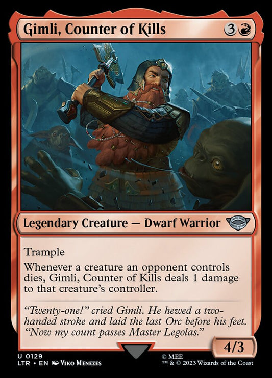 This Is An Image Of The Magic The Gathering Card Gimli, Counter of Kills From The Set The Lord of the Rings: Tales of Middle-earth - Designed By Artist Viko Menezes