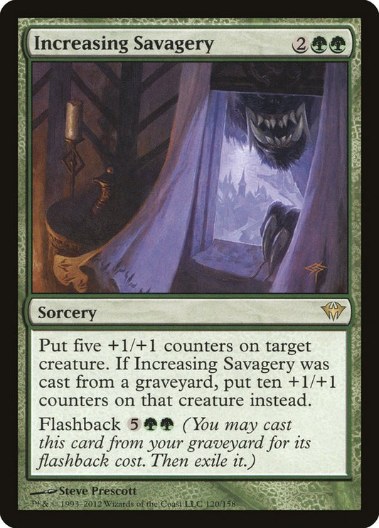 This Is An Image Of The Magic The Gathering Card Increasing Savagery From The Set Duel Decks: Mind vs. Might - Designed By Artist Steve Prescott