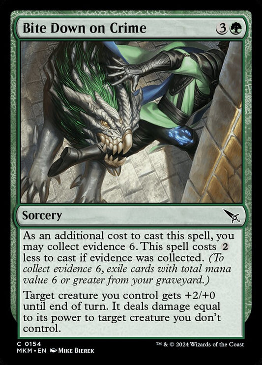 This Is An Image Of The Magic The Gathering Card Bite Down on Crime From The Set Murders at Karlov Manor - Designed By Artist Mike Bierek