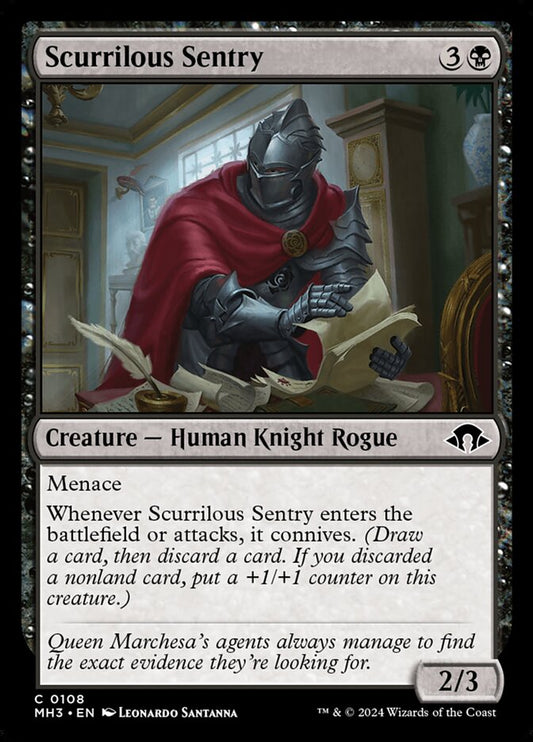 This Is An Image Of The Magic The Gathering Card Scurrilous Sentry From The Set Modern Horizons 3 - Designed By Artist Leonardo Santanna