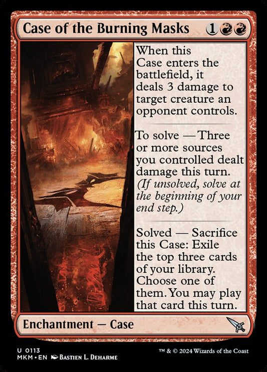 This Is An Image Of The Magic The Gathering Card Case of the Burning Masks From The Set Murders at Karlov Manor - Designed By Artist Bastien L. Deharme