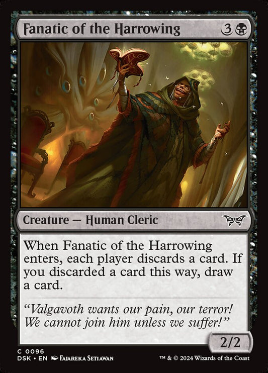 This Is An Image Of The Magic The Gathering Card Fanatic of the Harrowing From The Set Duskmourn: House of Horror - Designed By Artist Fajareka Setiawan