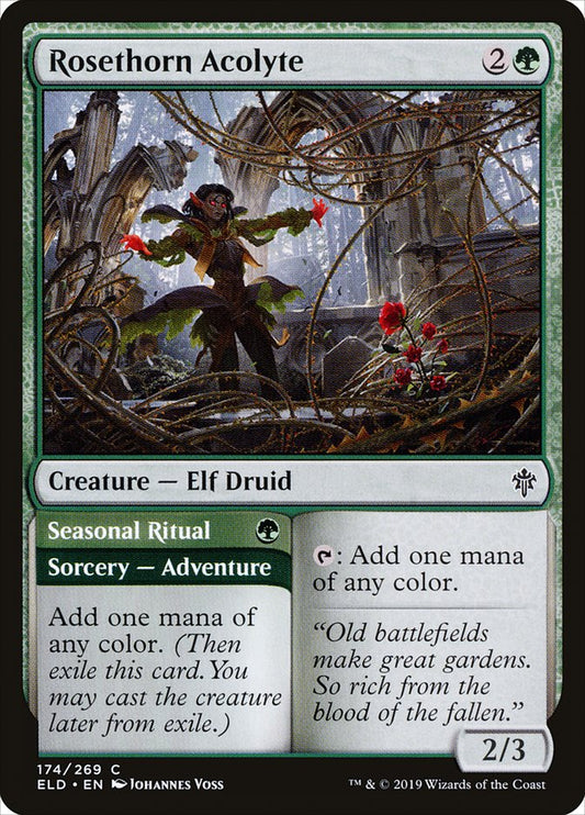 This Is An Image Of The Magic The Gathering Card Rosethorn Acolyte // Seasonal Ritual From The Set Throne of Eldraine - Designed By Artist Johannes Voss