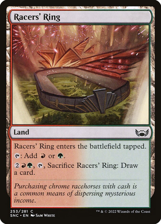 This Is An Image Of The Magic The Gathering Card Racers' Ring From The Set Streets of New Capenna - Designed By Artist Sam White