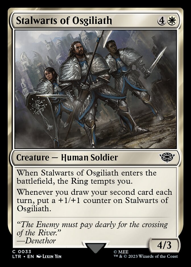 This Is An Image Of The Magic The Gathering Card Stalwarts of Osgiliath From The Set The Lord of the Rings: Tales of Middle-earth - Designed By Artist Lixin Yin
