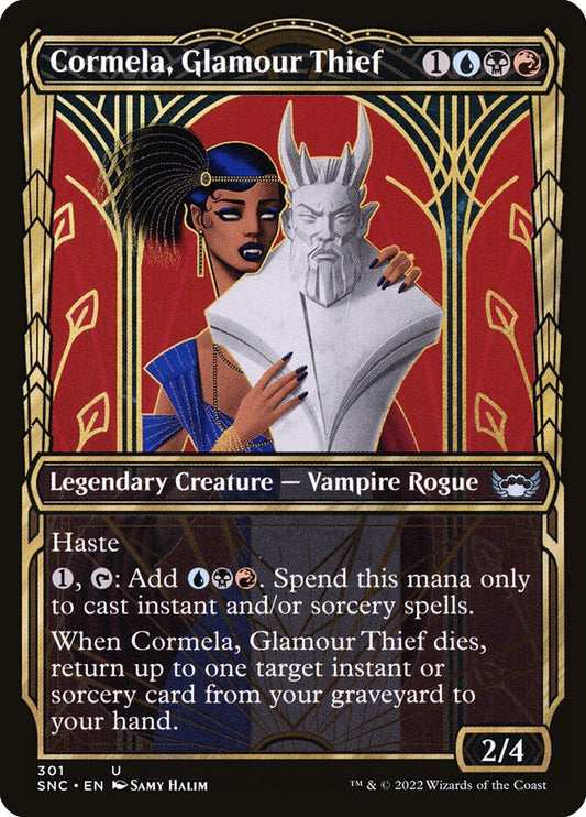 This Is An Image Of The Magic The Gathering Card Cormela, Glamour Thief From The Set Streets of New Capenna - Designed By Artist Bram Sels