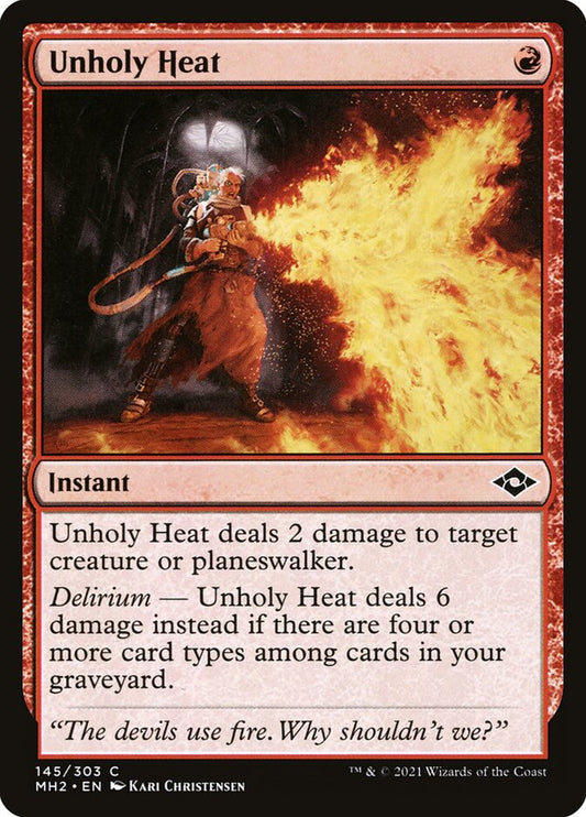 This Is An Image Of The Magic The Gathering Card Unholy Heat From The Set Outlaws of Thunder Junction Commander - Designed By Artist Kari Christensen