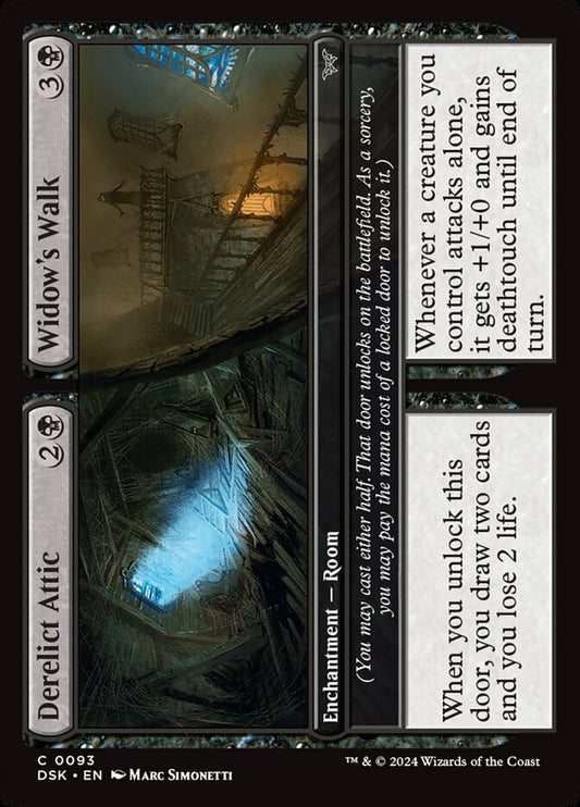 This Is An Image Of The Magic The Gathering Card Derelict Attic // Widow's Walk From The Set Duskmourn: House of Horror - Designed By Artist Marc Simonetti
