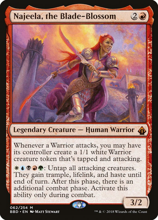 This Is An Image Of The Magic The Gathering Card Najeela, the Blade-Blossom From The Set Battlebond - Designed By Artist Matt Stewart