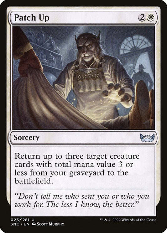 This Is An Image Of The Magic The Gathering Card Patch Up From The Set Streets of New Capenna - Designed By Artist Scott Murphy