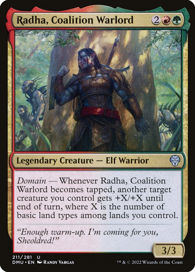 This Is An Image Of The Magic The Gathering Card Radha, Coalition Warlord From The Set Dominaria United - Designed By Artist Randy Vargas