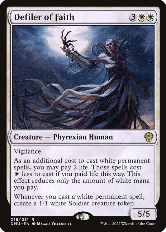 This Is An Image Of The Magic The Gathering Card Defiler of Faith From The Set Dominaria United - Designed By Artist Magali Villeneuve