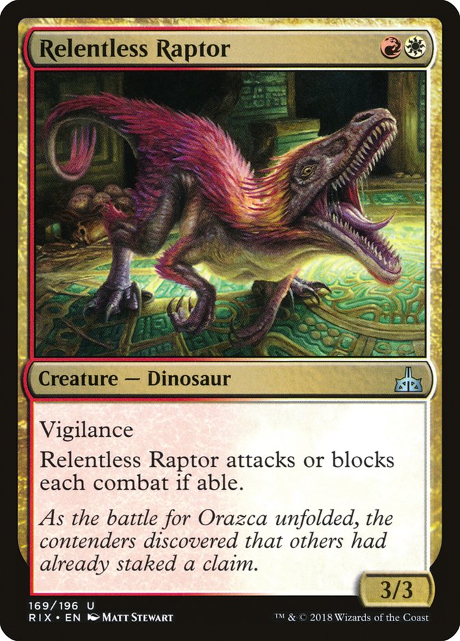 This Is An Image Of The Magic The Gathering Card Relentless Raptor From The Set Rivals of Ixalan - Designed By Artist Matt Stewart