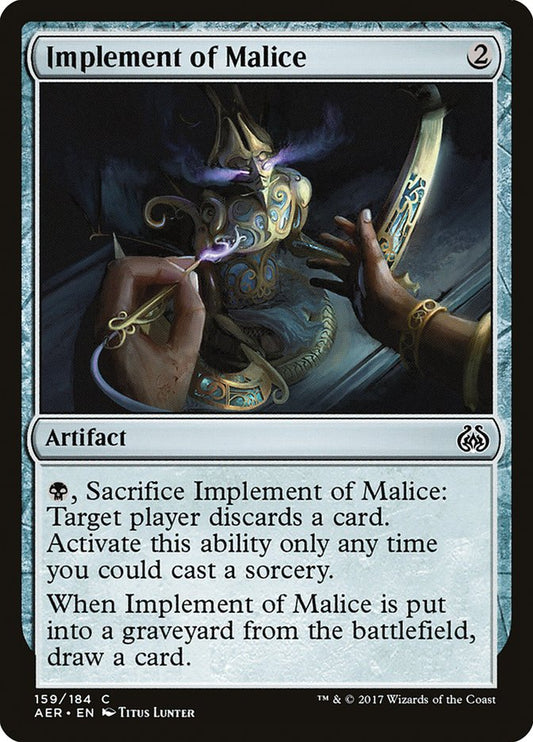 This Is An Image Of The Magic The Gathering Card Implement of Malice From The Set Aether Revolt - Designed By Artist Titus Lunter