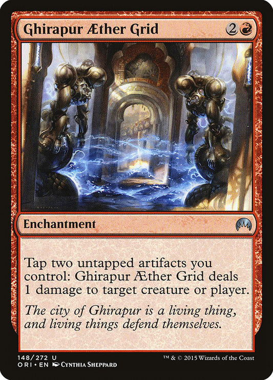 This Is An Image Of The Magic The Gathering Card Ghirapur Aether Grid From The Set March of the Machine Commander - Designed By Artist Cynthia Sheppard