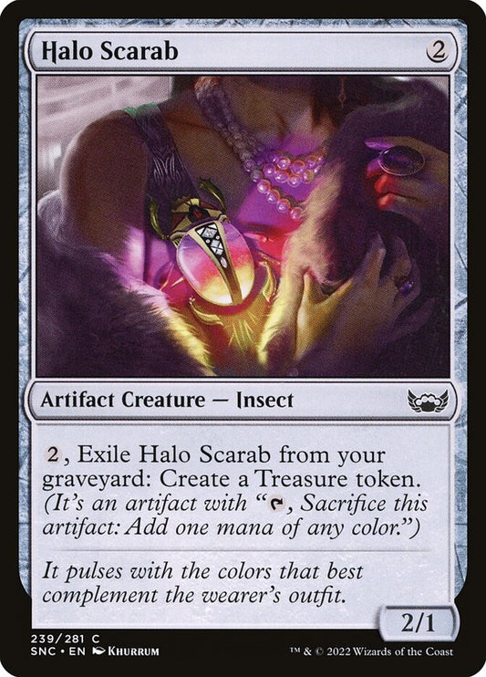 This Is An Image Of The Magic The Gathering Card Halo Scarab From The Set Streets of New Capenna - Designed By Artist Khurrum