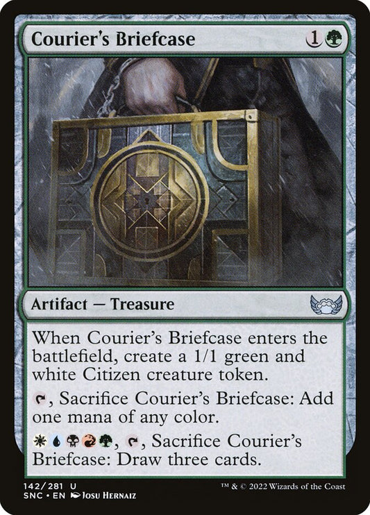 This Is An Image Of The Magic The Gathering Card Courier's Briefcase From The Set Streets of New Capenna - Designed By Artist Josu Hernaiz
