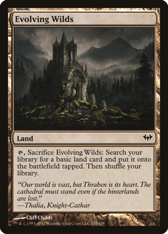 This Is An Image Of The Magic The Gathering Card Evolving Wilds From The Set Tarkir: Dragonstorm - Designed By Artist Leon Tukker
