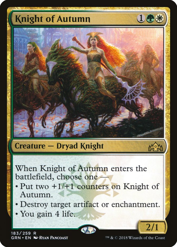 This Is An Image Of The Magic The Gathering Card Knight of Autumn From The Set Forgotten Realms Commander - Designed By Artist Ryan Pancoast