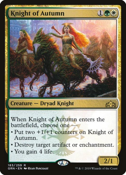 This Is An Image Of The Magic The Gathering Card Knight of Autumn From The Set Forgotten Realms Commander - Designed By Artist Ryan Pancoast