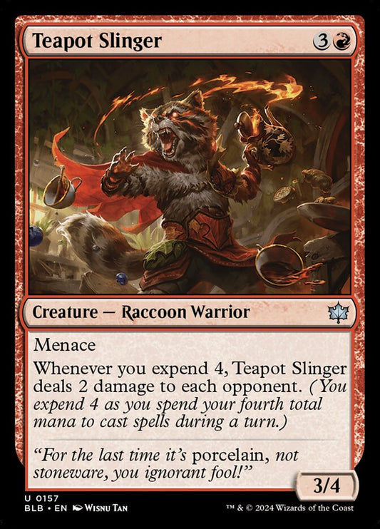 This Is An Image Of The Magic The Gathering Card Teapot Slinger From The Set Bloomburrow - Designed By Artist Wisnu Tan