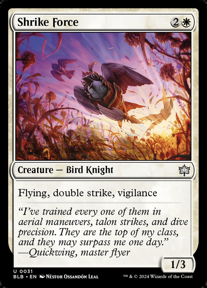 This Is An Image Of The Magic The Gathering Card Shrike Force From The Set Bloomburrow - Designed By Artist Néstor Ossandón Leal