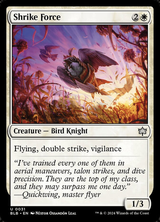 This Is An Image Of The Magic The Gathering Card Shrike Force From The Set Bloomburrow - Designed By Artist Néstor Ossandón Leal