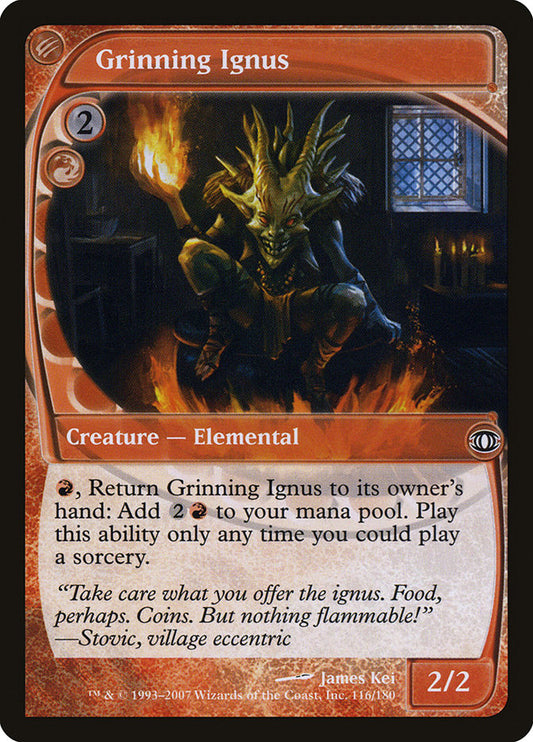 This Is An Image Of The Magic The Gathering Card Grinning Ignus From The Set Strixhaven: School of Mages - Designed By Artist Alayna Danner