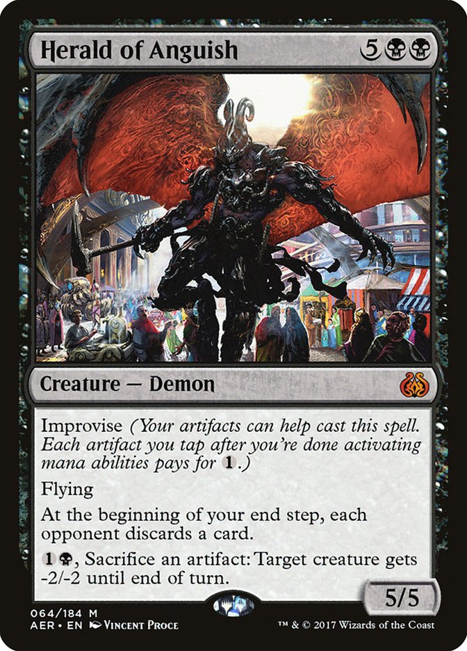 This Is An Image Of The Magic The Gathering Card Herald of Anguish From The Set Aether Revolt - Designed By Artist Vincent Proce