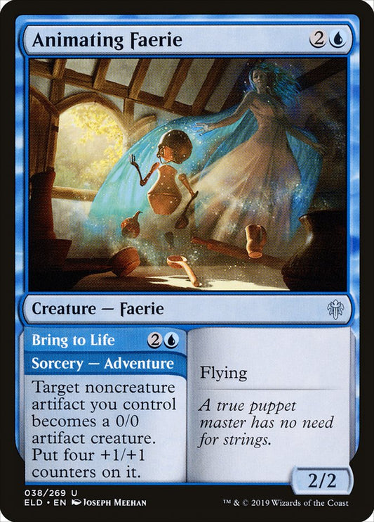 This Is An Image Of The Magic The Gathering Card Animating Faerie // Bring to Life From The Set Throne of Eldraine - Designed By Artist Joseph Meehan