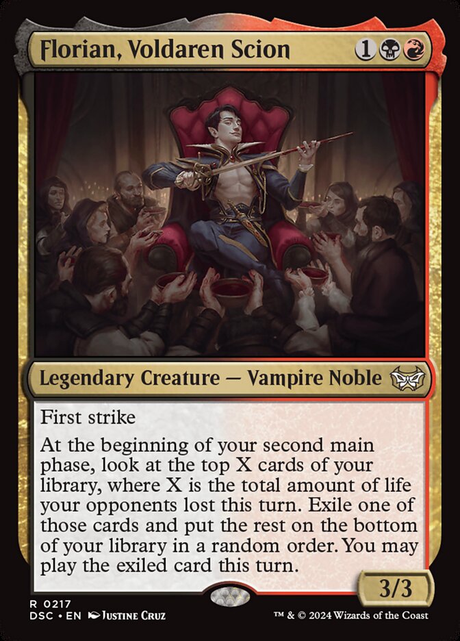 This Is An Image Of The Magic The Gathering Card Florian, Voldaren Scion From The Set Duskmourn: House of Horror Commander - Designed By Artist Justine Cruz