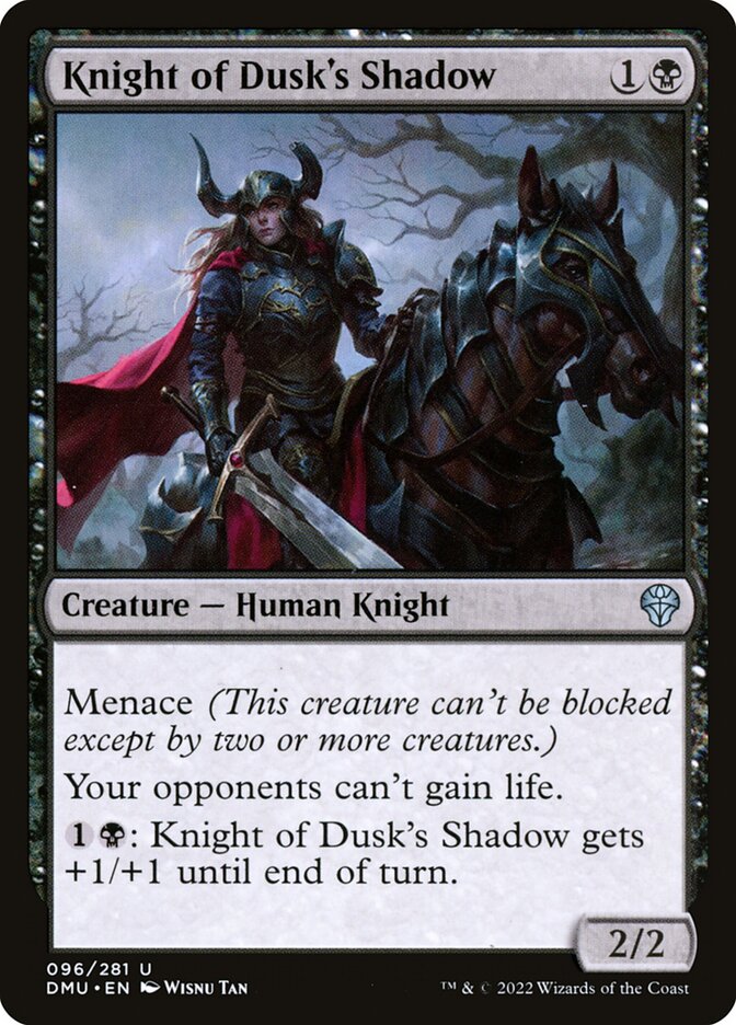This Is An Image Of The Magic The Gathering Card Knight of Dusk's Shadow From The Set Dominaria United - Designed By Artist Wisnu Tan