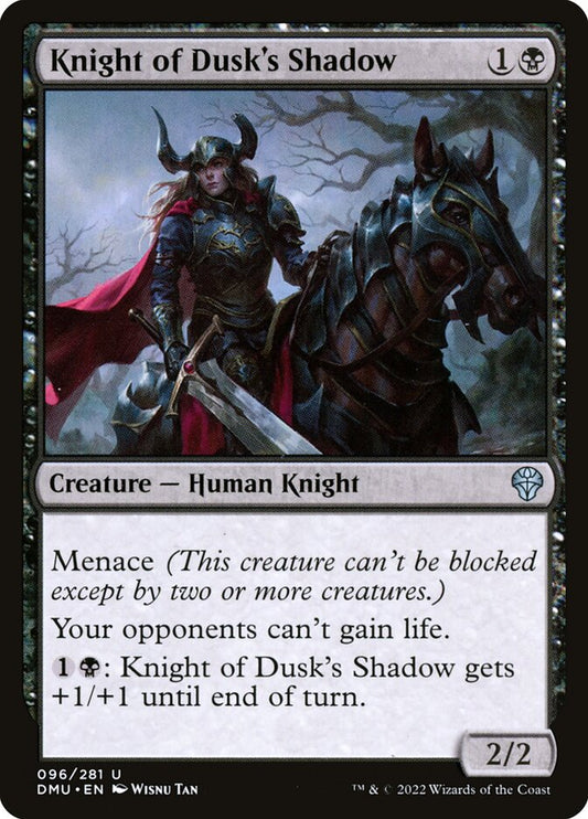 This Is An Image Of The Magic The Gathering Card Knight of Dusk's Shadow From The Set Dominaria United - Designed By Artist Wisnu Tan