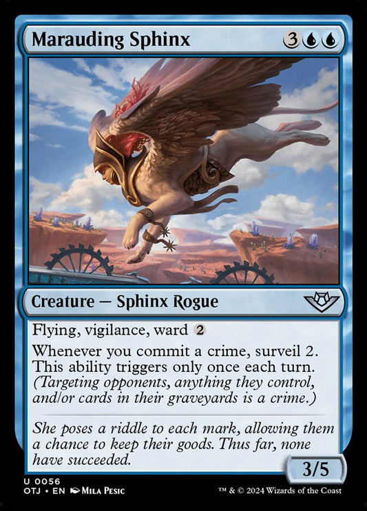 This Is An Image Of The Magic The Gathering Card Marauding Sphinx From The Set Outlaws of Thunder Junction - Designed By Artist Mila Pesic