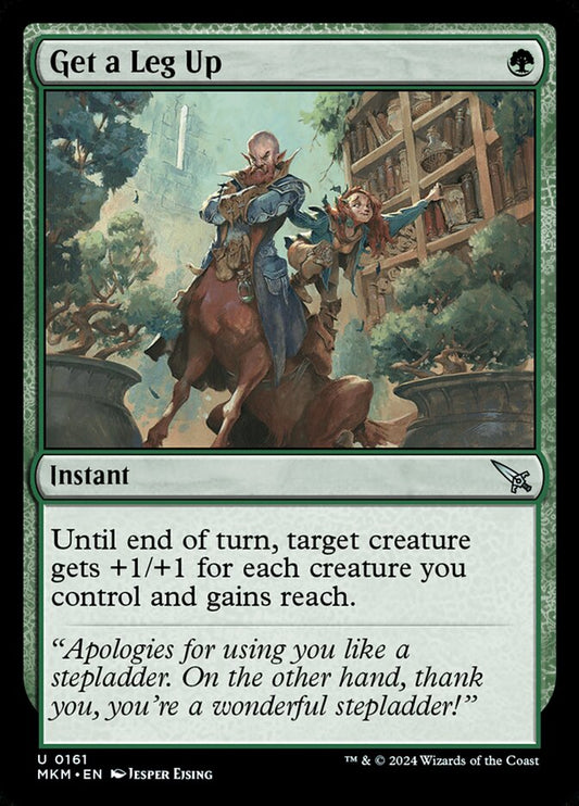 This Is An Image Of The Magic The Gathering Card Get a Leg Up From The Set Murders at Karlov Manor - Designed By Artist Jesper Ejsing