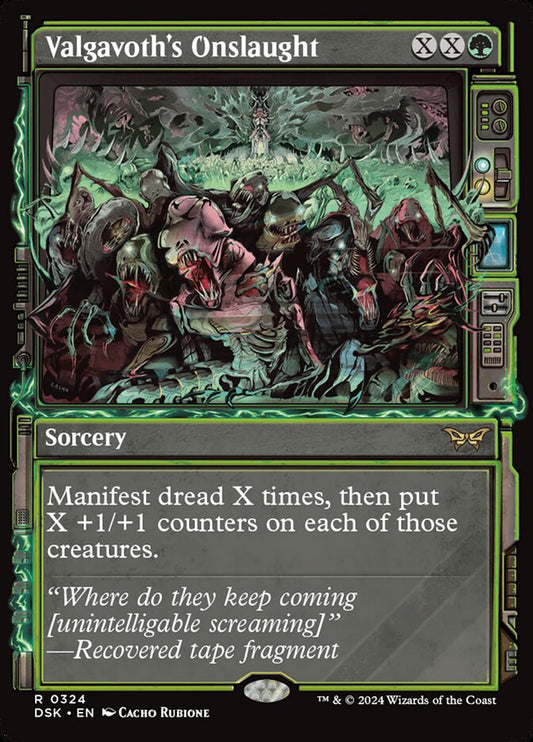 This Is An Image Of The Magic The Gathering Card Valgavoth's Onslaught From The Set Duskmourn: House of Horror - Designed By Artist Lie Setiawan