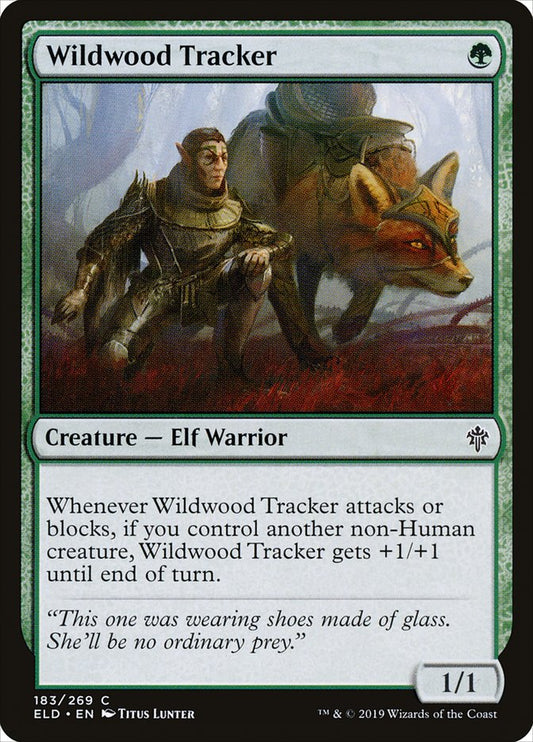 This Is An Image Of The Magic The Gathering Card Wildwood Tracker From The Set Throne of Eldraine - Designed By Artist Titus Lunter