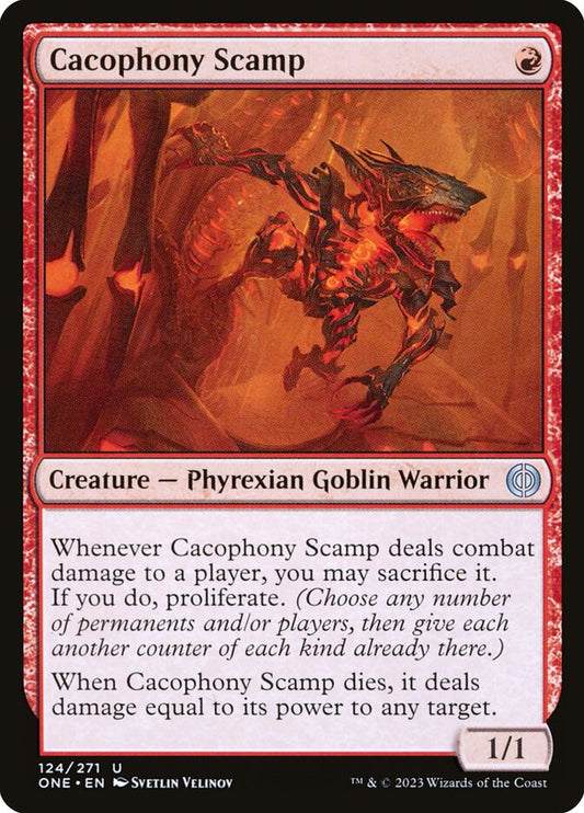 This Is An Image Of The Magic The Gathering Card Cacophony Scamp From The Set Phyrexia: All Will Be One - Designed By Artist Svetlin Velinov
