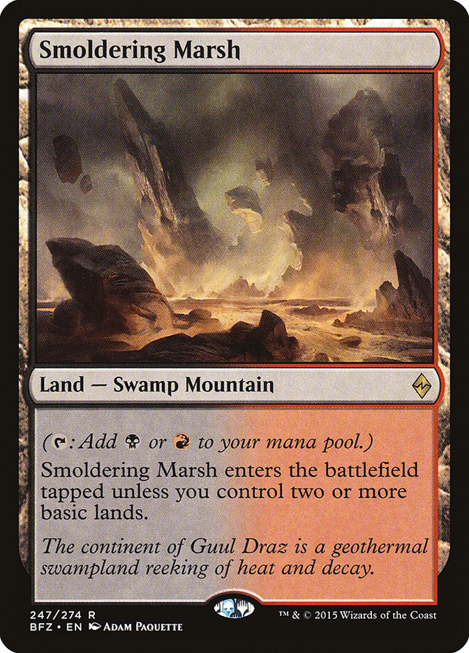 This Is An Image Of The Magic The Gathering Card Smoldering Marsh From The Set Tarkir: Dragonstorm Commander - Designed By Artist Adam Paquette
