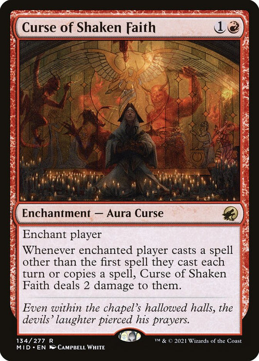 This Is An Image Of The Magic The Gathering Card Curse of Shaken Faith From The Set Innistrad: Midnight Hunt - Designed By Artist Campbell White