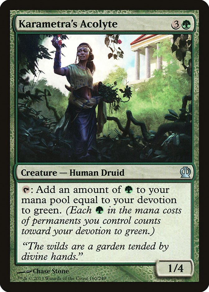 This Is An Image Of The Magic The Gathering Card Karametra's Acolyte From The Set Theros - Designed By Artist Chase Stone