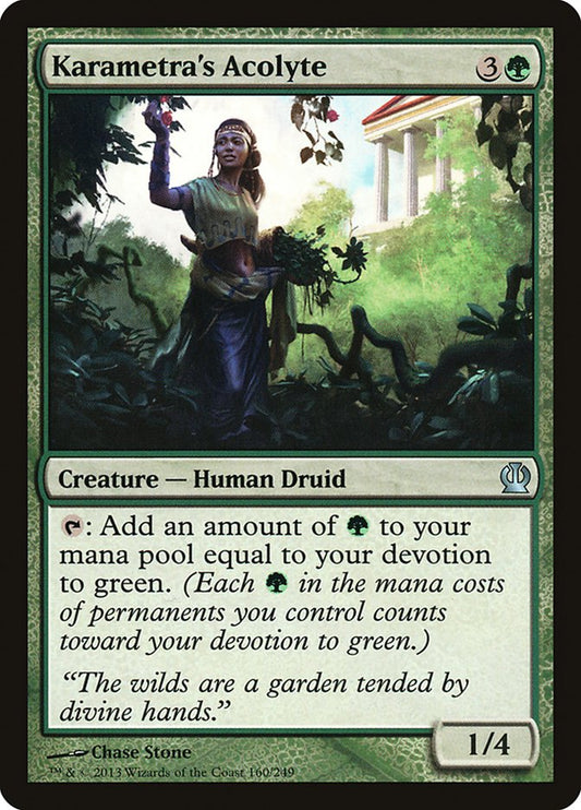 This Is An Image Of The Magic The Gathering Card Karametra's Acolyte From The Set Theros - Designed By Artist Chase Stone