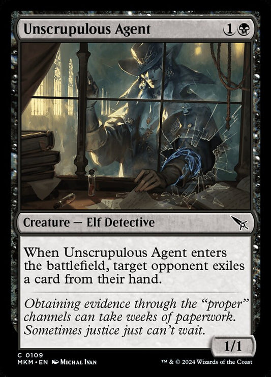 This Is An Image Of The Magic The Gathering Card Unscrupulous Agent From The Set Murders at Karlov Manor - Designed By Artist Michal Ivan