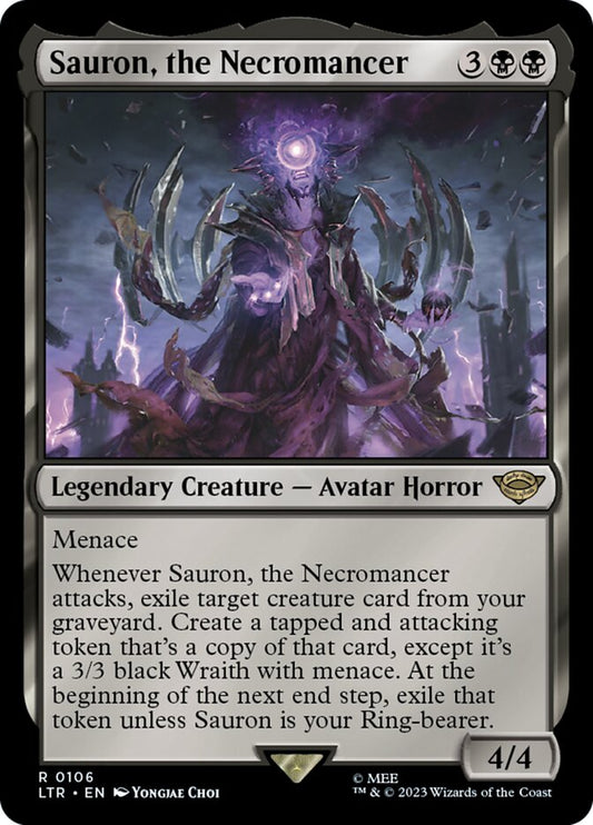 This Is An Image Of The Magic The Gathering Card Sauron, the Necromancer From The Set The Lord of the Rings: Tales of Middle-earth - Designed By Artist Yongjae Choi