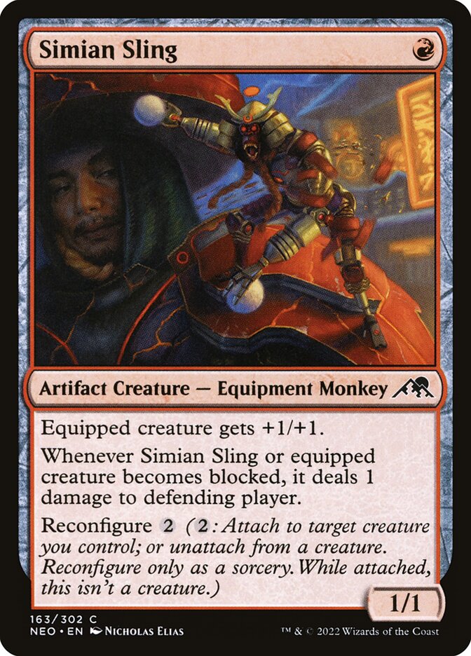 This Is An Image Of The Magic The Gathering Card Simian Sling From The Set Kamigawa: Neon Dynasty - Designed By Artist Nicholas Elias