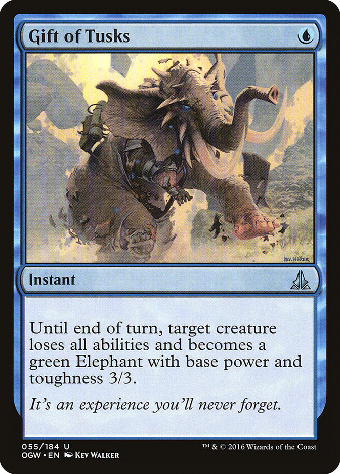 This Is An Image Of The Magic The Gathering Card Gift of Tusks From The Set Oath of the Gatewatch - Designed By Artist Kev Walker