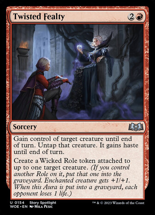 This Is An Image Of The Magic The Gathering Card Twisted Fealty From The Set Wilds of Eldraine - Designed By Artist Mila Pesic