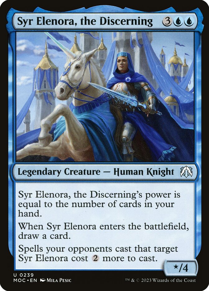 This Is An Image Of The Magic The Gathering Card Syr Elenora, the Discerning From The Set March of the Machine Commander - Designed By Artist Mila Pesic
